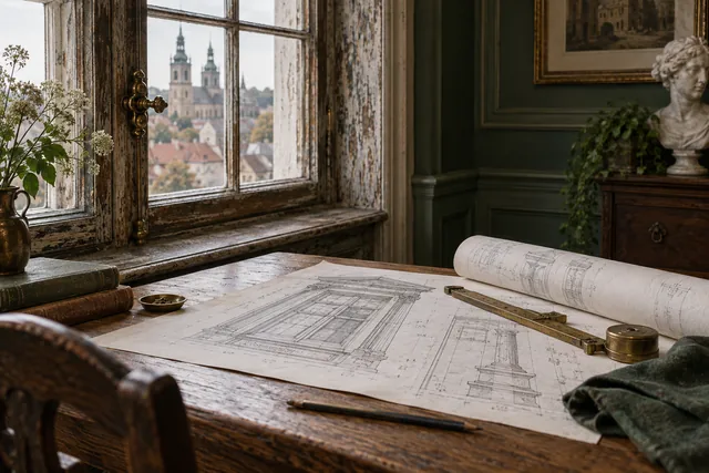 Rysunki architektoniczne i narzędzie pomiarowe przy starym drewnianym oknie. Ilustracja AI.