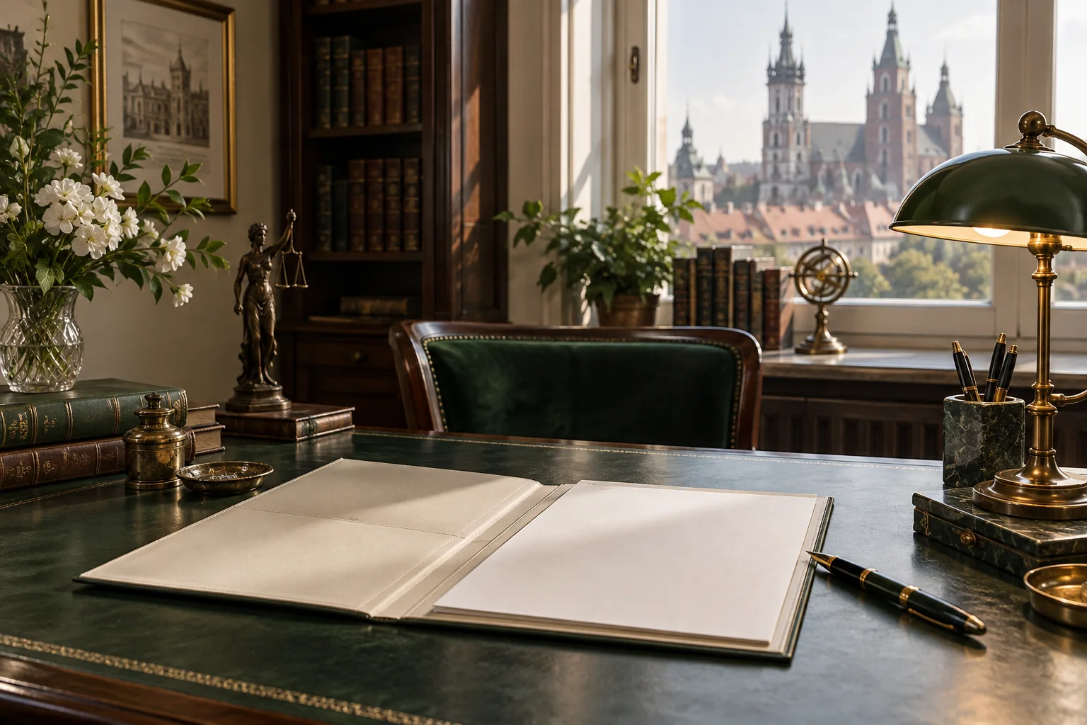 Otwarta teczka i pióro na biurku w eleganckim gabinecie. Ilustracja AI.